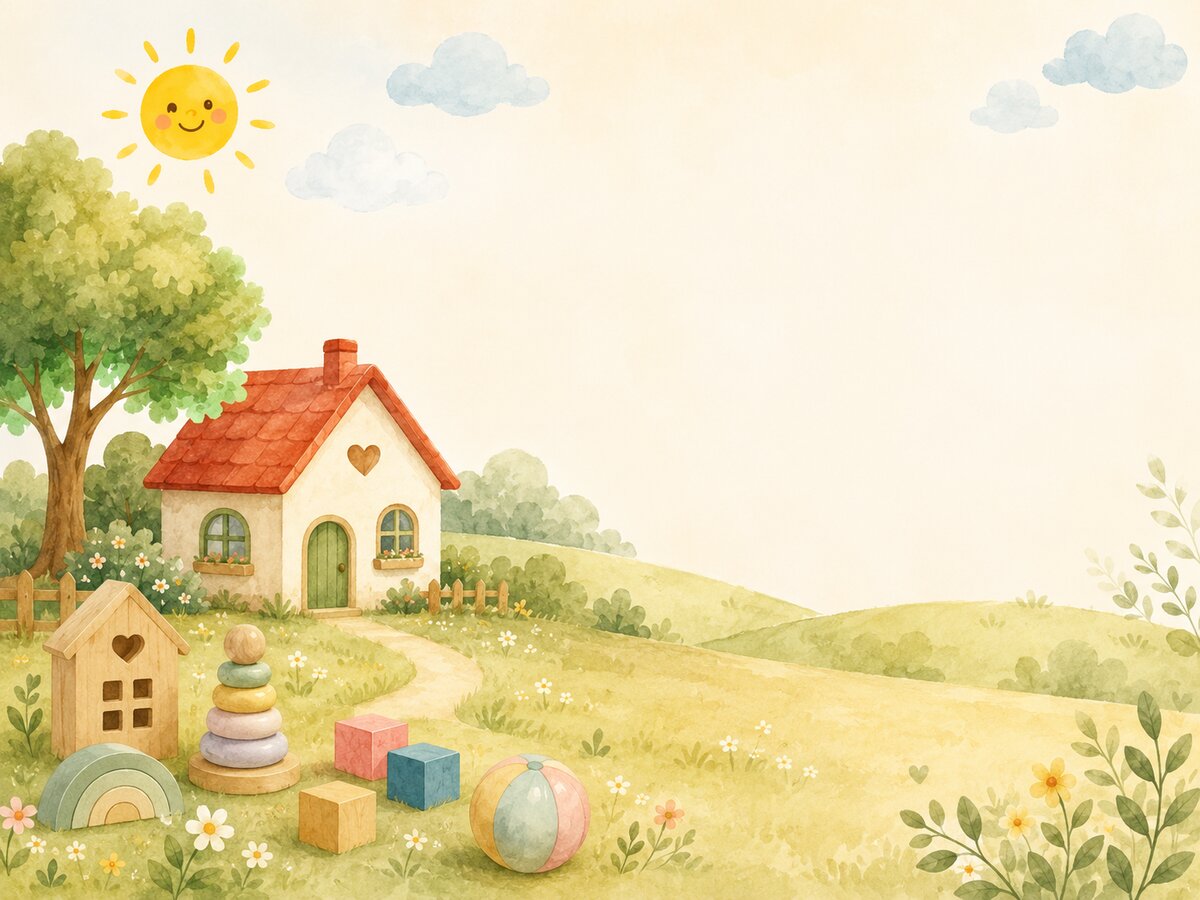 Ilustracja: drewniany domek żłobka na słonecznej łące z zabawkami